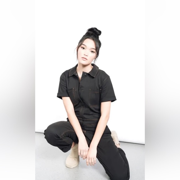 NWT Wildfang Essential Short Sleeve coverall XS Black Yellow Stitches $168 - Picture 7 of 9